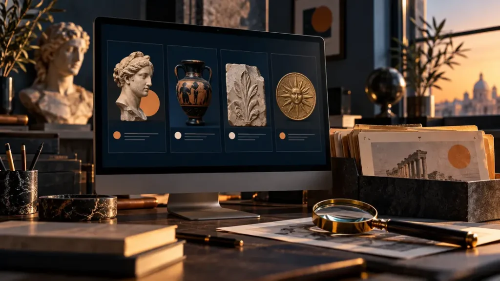 AI-generated editorial illustration: Computer screen with abstract museum catalogue cards beside a magnifying glass and archival folder, no readable text
