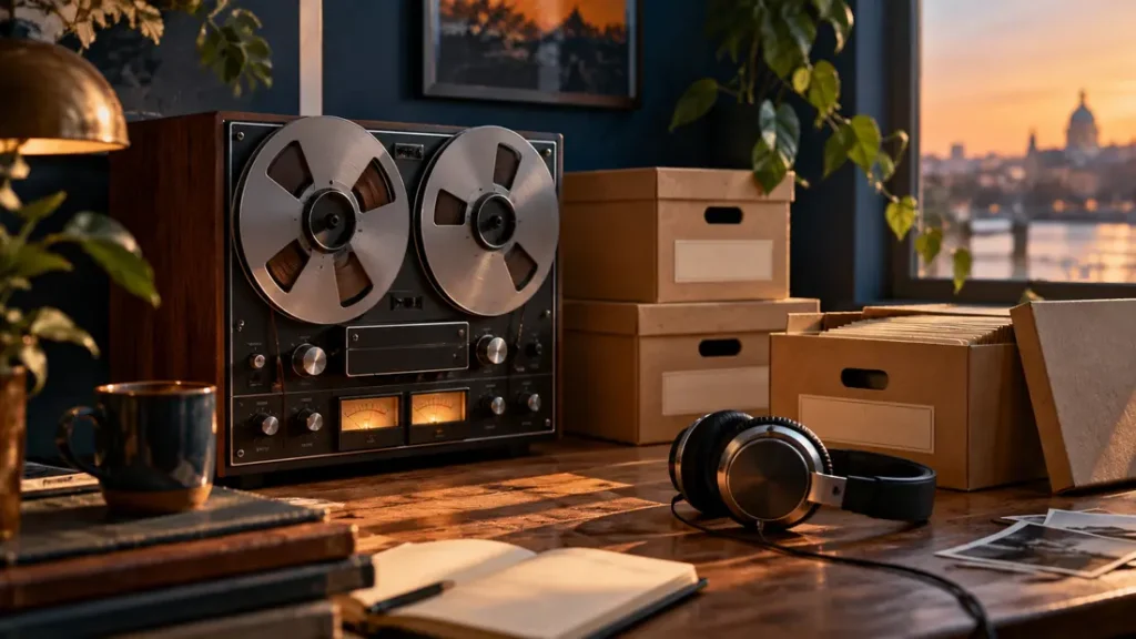 AI-generated editorial illustration: Vintage audio recorder and labeled-only-with-blank-tabs archive boxes beside a pair of headphones
