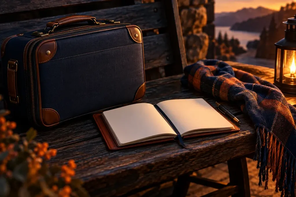 AI-generated editorial illustration of small unbranded travel suitcase beside an open blank planner and folded scarf on dark wooden bench, warm amber light and muted navy tones. Not a photograph of this event.