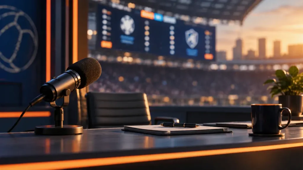 AI-generated editorial illustration: Empty sports commentary desk with a microphone and a softly blurred abstract scoreboard, no readable scores