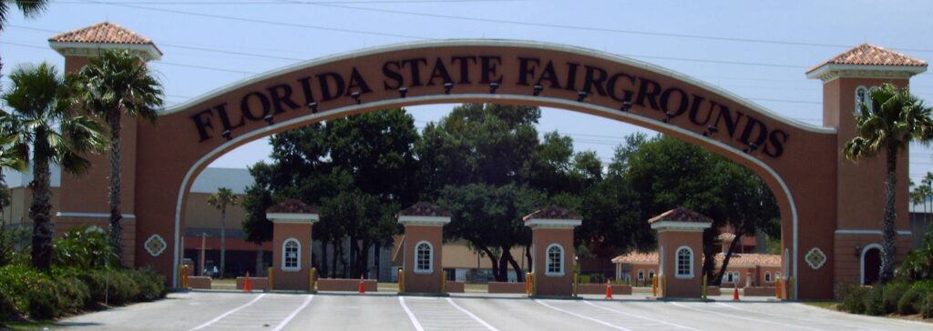 Archive photograph of the Florida State Fairgrounds entrance arch in Tampa.