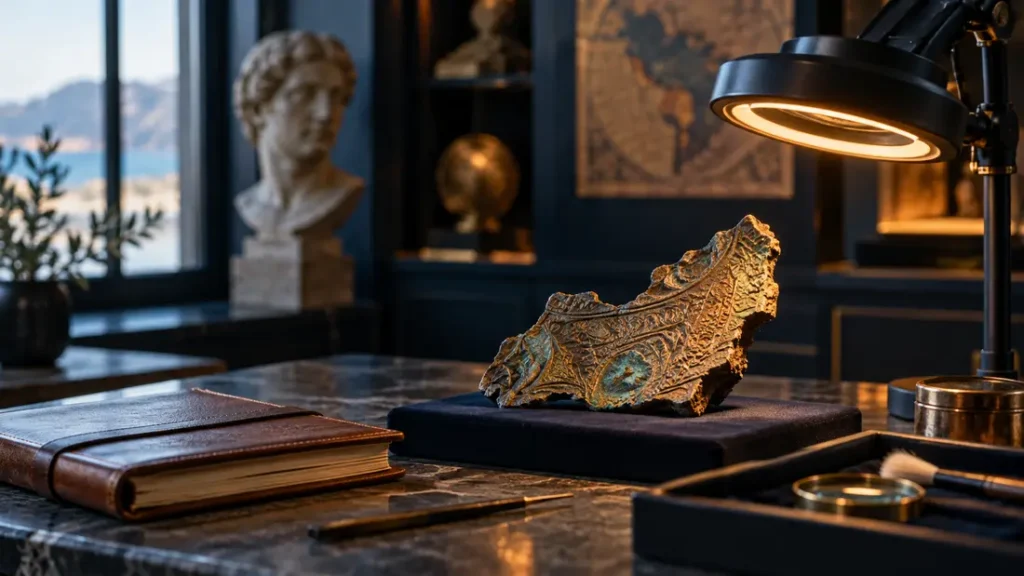 AI-generated editorial illustration: Untouched antique metal object fragment under museum examination light with a closed condition notebook, no functional weapon