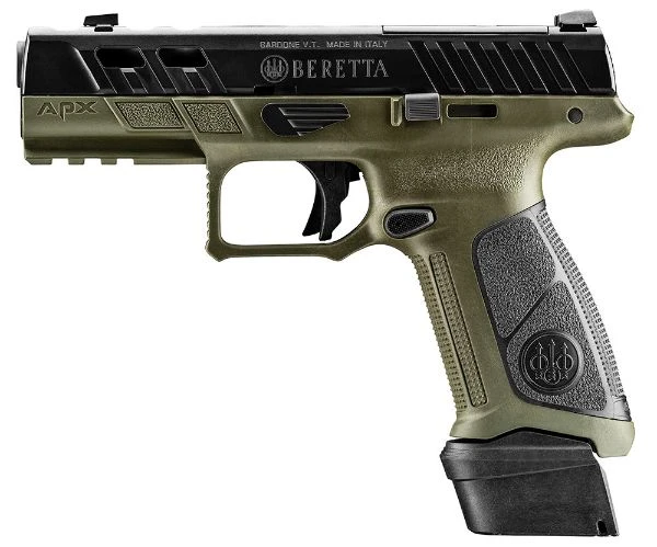 Beretta APX A1 Ported pistol with an olive drab green grip module and black slide.