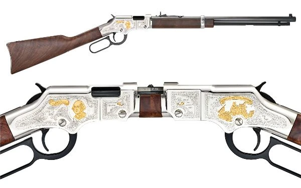 Henry Founding Fathers Collection rifle with close-up views of engraved receiver panels.