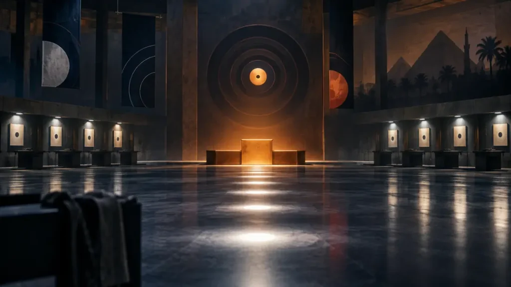 AI-generated editorial illustration: an empty indoor target-sport arena with seven cool white light reflections leading to a single orange-lit podium. Not a photograph of the reported people, event or facility.