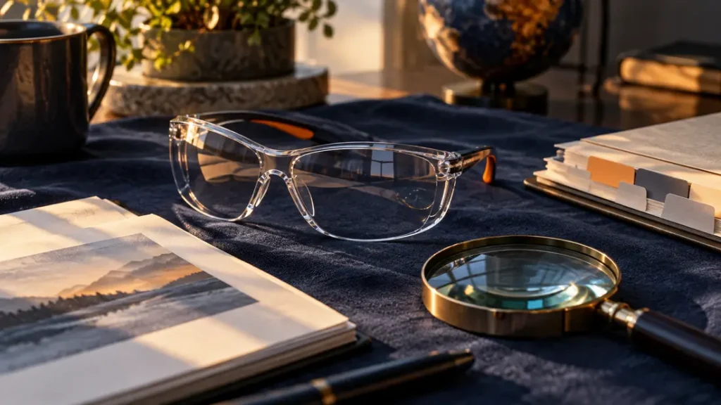 AI-generated editorial illustration: Clear unbranded protective glasses on navy cloth with a magnifying glass and neutral document tabs