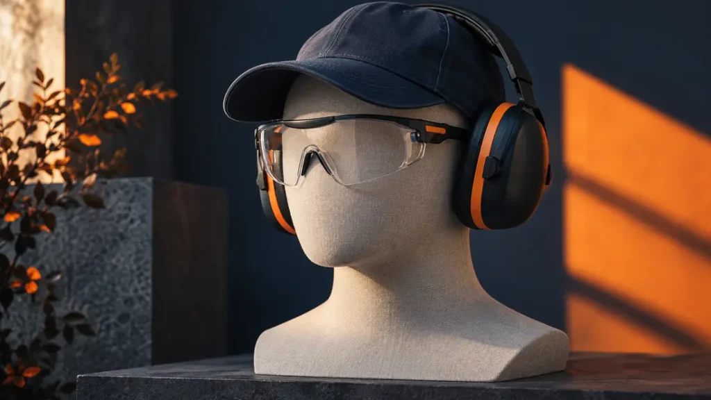 AI-generated editorial illustration: Protective glasses, ear defenders and a plain fabric cap arranged together on a neutral studio bust without a face