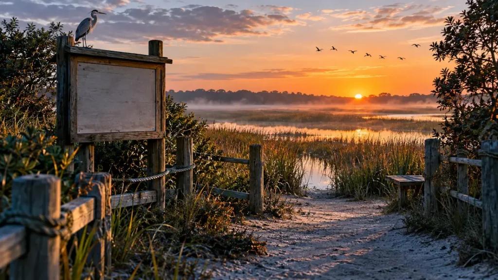 AI-generated editorial illustration: a conceptual wetland entrance path opening toward marsh grasses at dawn, with a blank notice board.