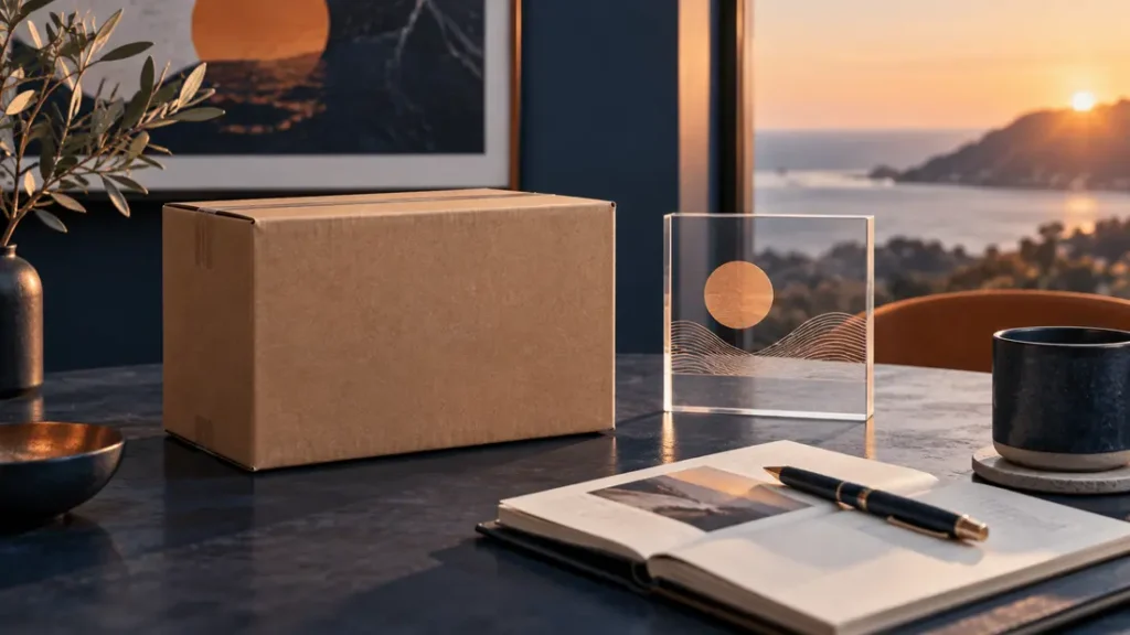 AI-generated editorial illustration: Plain shipping carton beside a transparent acrylic card and editorial notebook, no product or logos