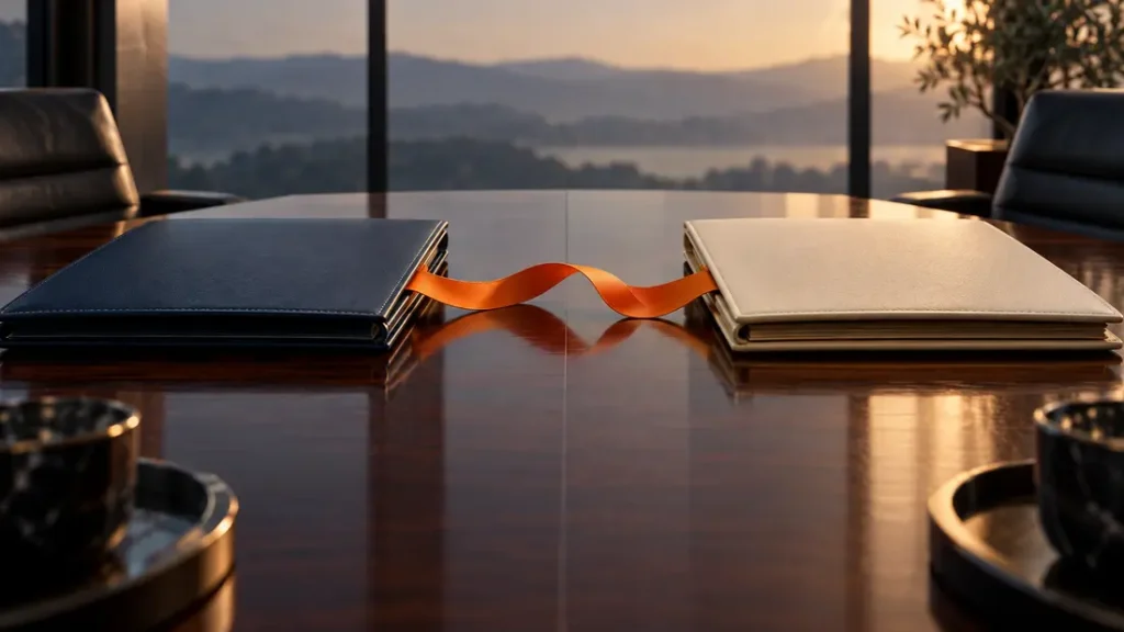 AI-generated editorial illustration: two closed unbranded corporate folders meeting across a polished boardroom table with a single orange connecting ribbon. Not a photograph of the reported people, event or facility.