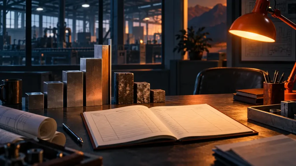 AI-generated editorial illustration: abstract metal blocks beside a cash-flow ledger with blank lines and a warm orange desk lamp in a fictional factory office. Not a photograph of the reported people, event or facility.