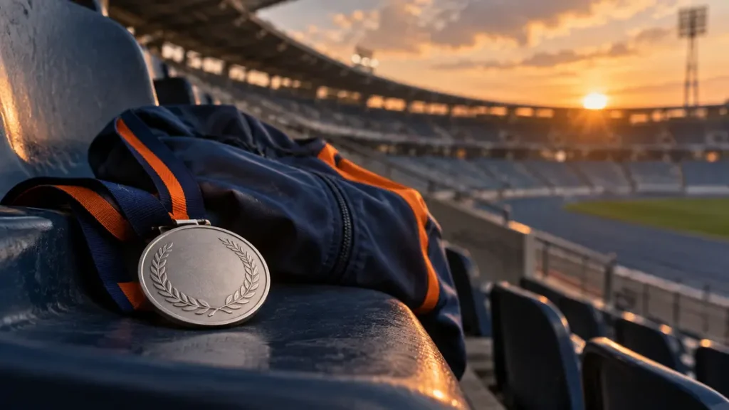 AI-generated editorial illustration: An unbranded silver medal beside a quiet stadium seat and a folded plain team jacket, no identifiable athlete