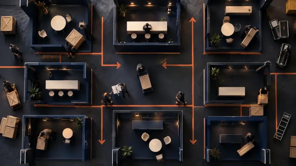 AI-generated editorial illustration: a miniature fictional exhibition floor of blank navy booths and precise orange wayfinding lines viewed from directly overhead. Not a photograph of the reported people, event or facility.