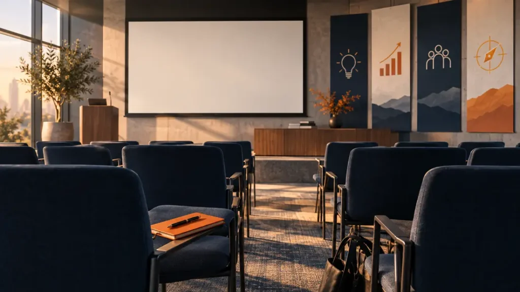 AI-generated editorial illustration: an empty professional seminar room with blank presentation screen, navy chairs and an orange notebook on the front row. Not a photograph of the reported people, event or facility.