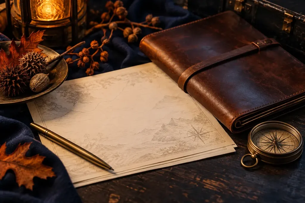 AI-generated editorial illustration of still life of cream itinerary paper, closed leather portfolio and warm brass compass with autumn seed pods, navy shadows, no readable text. Not a photograph of this event.