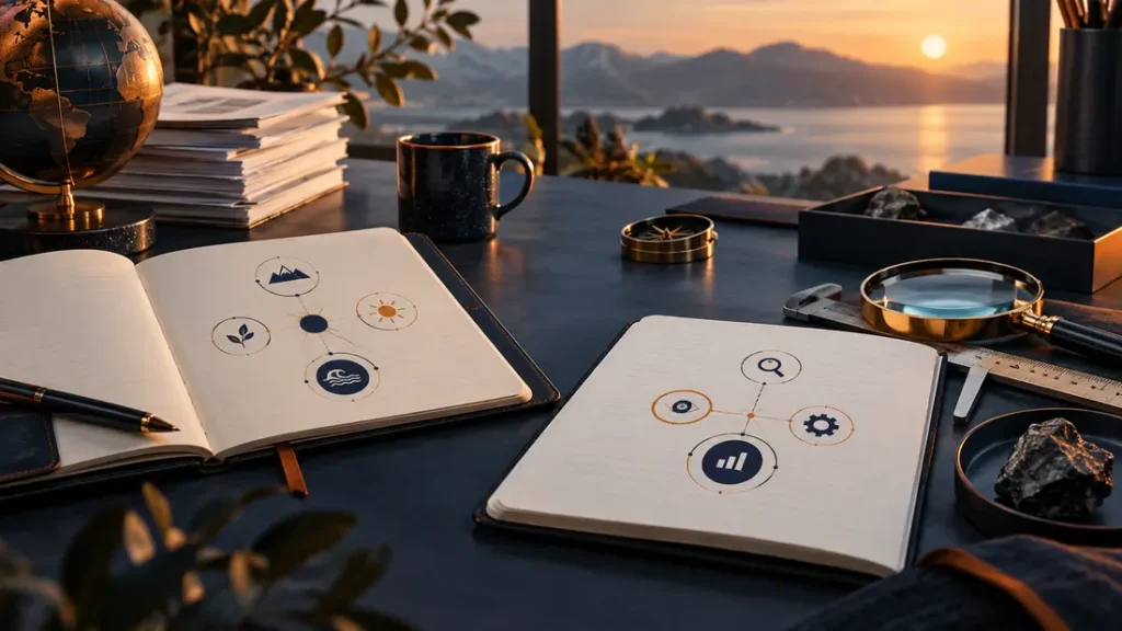 AI-generated editorial illustration: Two open notebooks marked only with abstract icons, one beside a document stack and one beside inspection tools