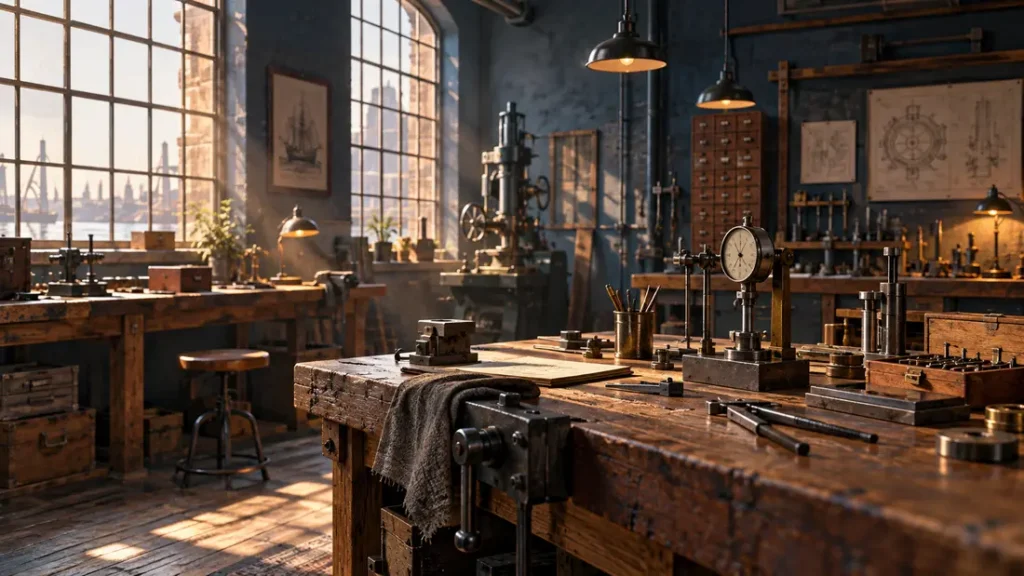 AI-generated editorial illustration: an empty historic-style industrial workshop with wooden benches and precision gauges in morning light.
