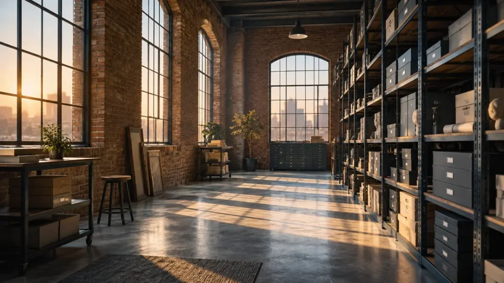 AI-generated editorial illustration: sunlight through tall brick-warehouse windows over empty archival storage racks.