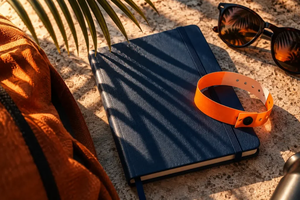 AI-generated editorial illustration of original editorial illustration of a palm frond shadow over a navy travel notebook and orange event wristband, warm florida-style light, no venue depiction. Not a photograph of this event.