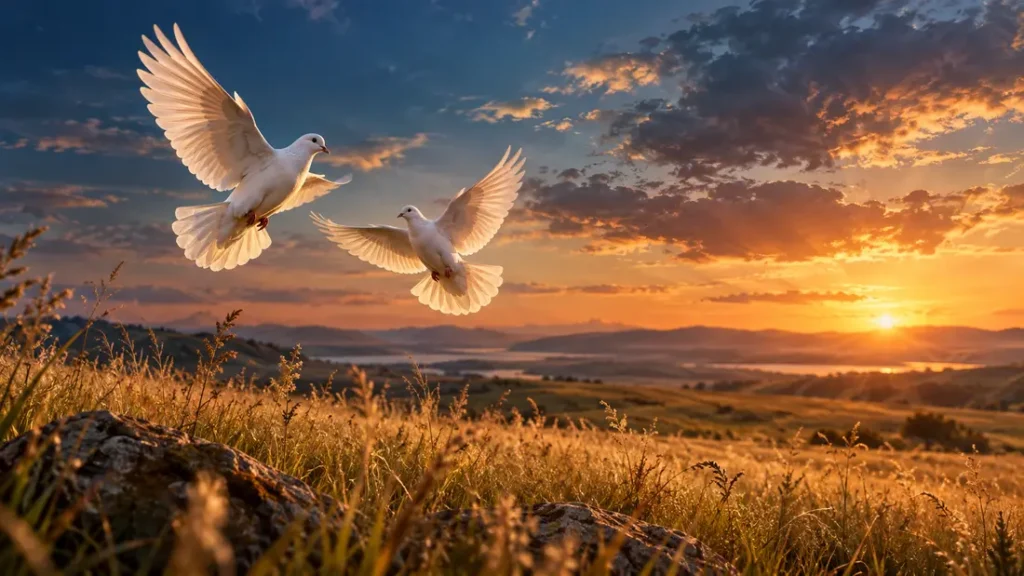AI-generated editorial illustration: a conceptual pair of doves over an open grassland beneath a warm evening sky.