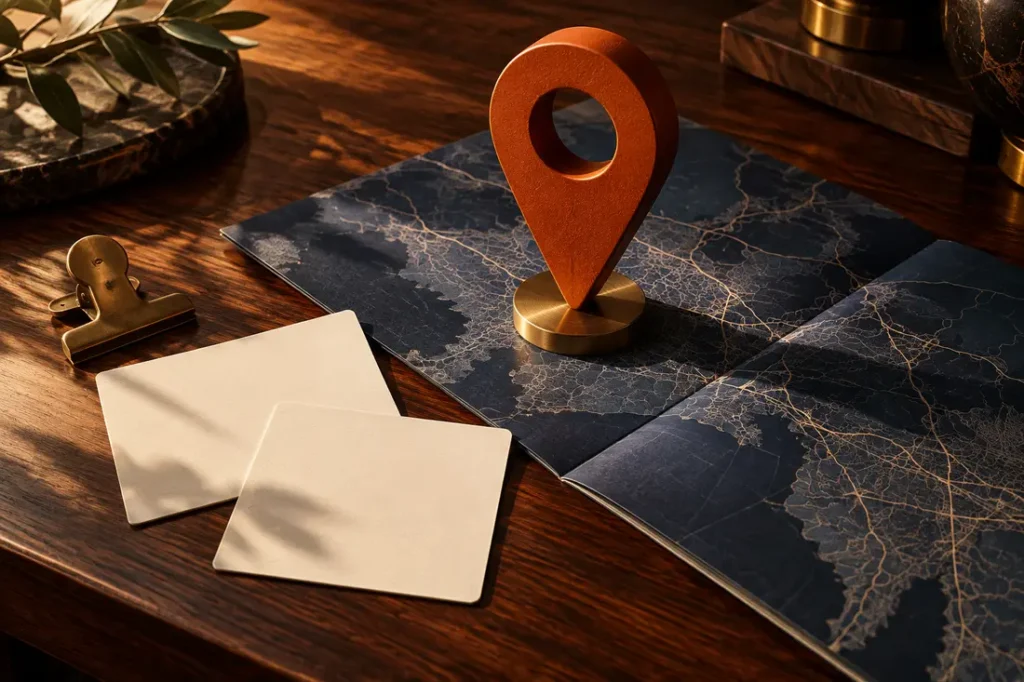 AI-generated illustration of an orange route marker and blank travel cards on a blue road atlas; not an image of the Tulsa show.