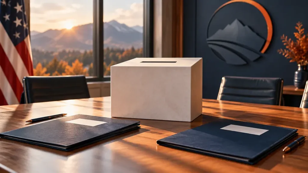 AI-generated editorial illustration: a blank ballot box and two separate navy application folders on a sunlit conference table. Not a photograph of the reported people, event or facility.