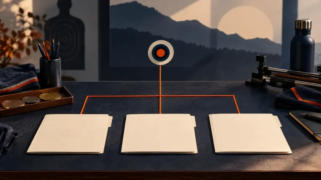 AI-generated editorial illustration: an organized sports selection desk with three blank folders and a clean branching orange line diagram made of physical string. Not a photograph of the reported people, event or facility.