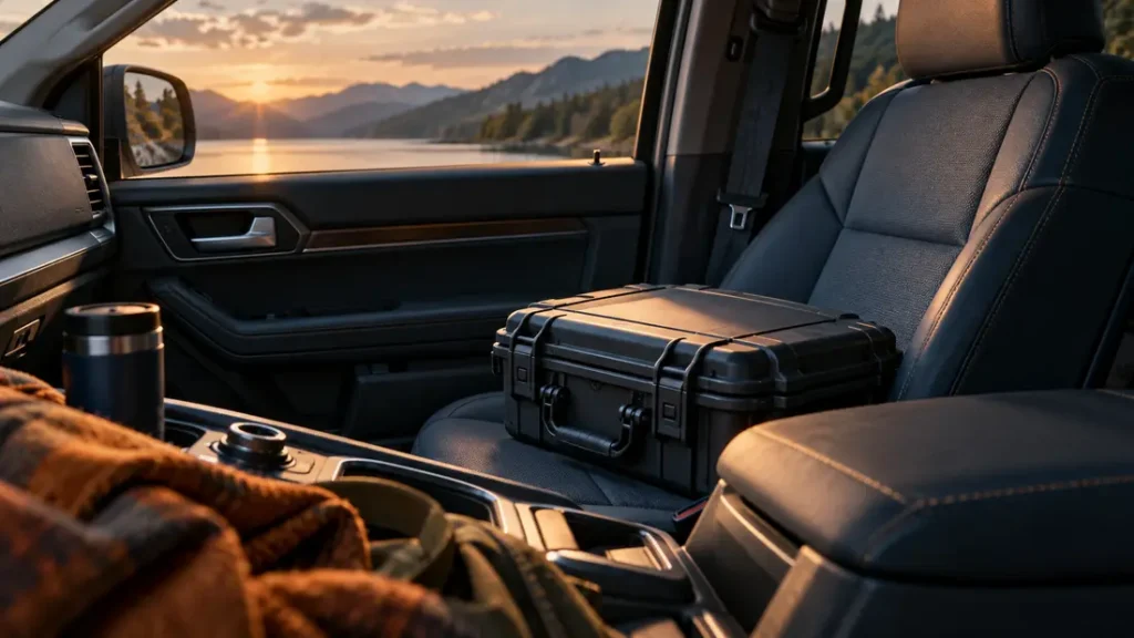 AI-generated editorial illustration: an empty parked vehicle interior with a closed generic secured storage case, no firearm or location identifiers.
