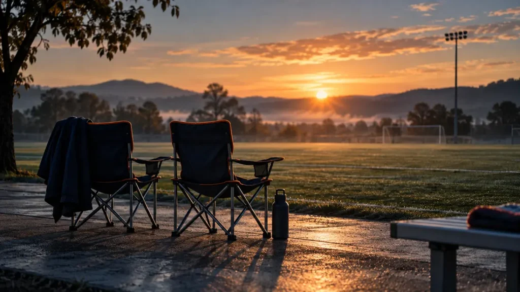 AI-generated editorial illustration: Two empty coaches chairs beside a quiet outdoor sporting field at dawn, no people or weapons