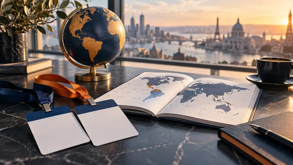 AI-generated editorial illustration: Two plain conference badges beside an open international calendar and a small unmarked globe