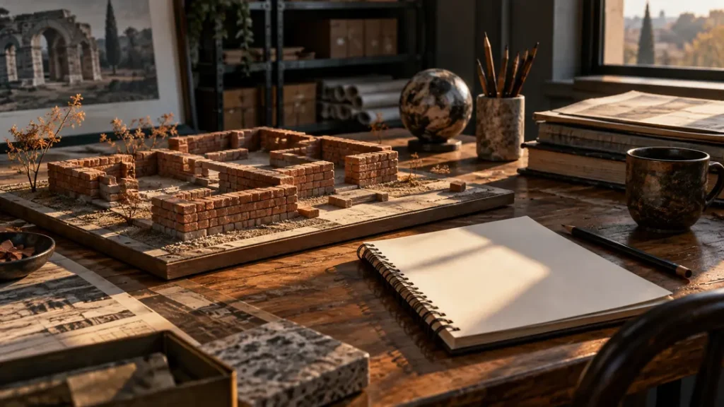 AI-generated editorial illustration: Small abstract architectural model of brick foundations on an archive table beside a plain student notebook