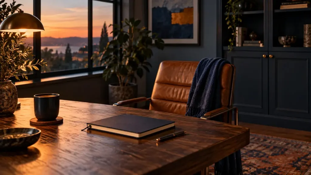 AI-generated editorial illustration: Quiet home study with an empty chair, plain notebook and securely closed cabinet in soft evening light