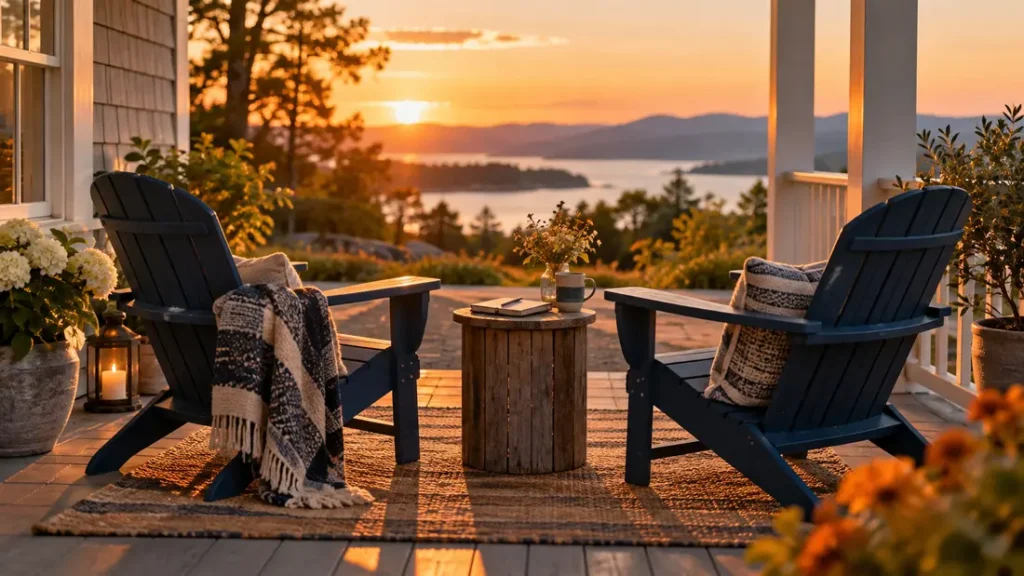 AI-generated editorial illustration: Two empty chairs on a modest home porch with a notebook between them, warm natural light