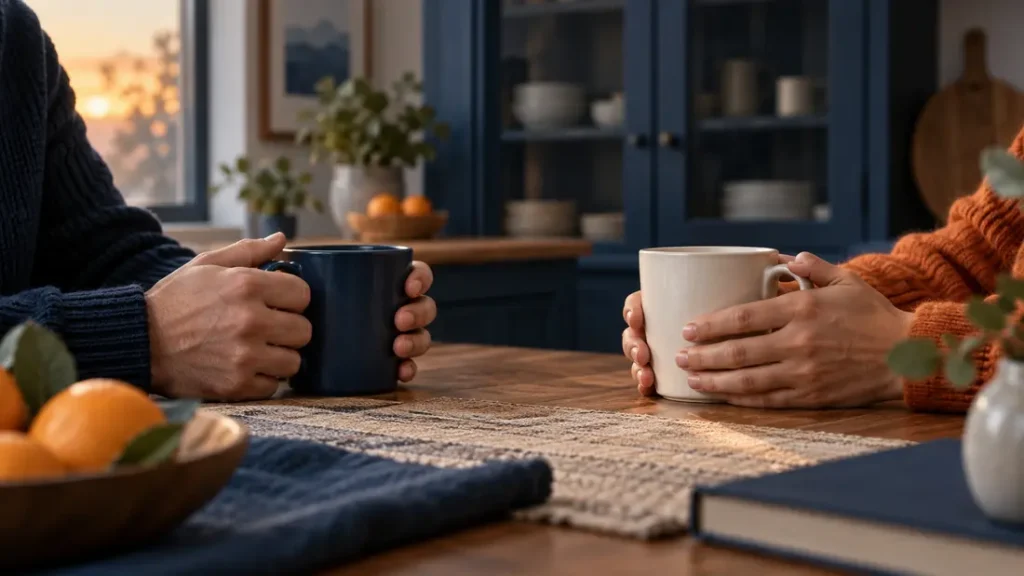 AI-generated editorial illustration: Two adult hands around plain mugs at a kitchen table with a closed household cabinet softly out of focus