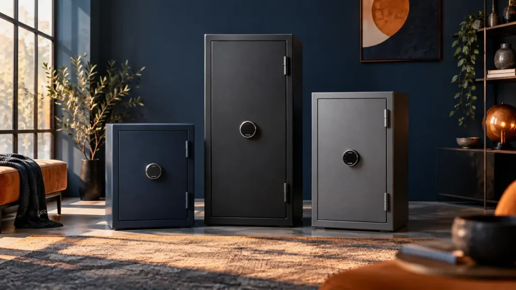 AI-generated editorial illustration: Three differently sized closed unbranded security cabinets in a calm studio, no firearms visible
