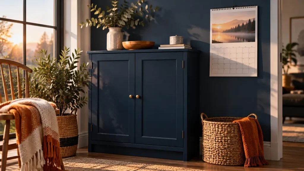 AI-generated editorial illustration: Closed household storage cabinet beside an everyday wall calendar and soft morning light