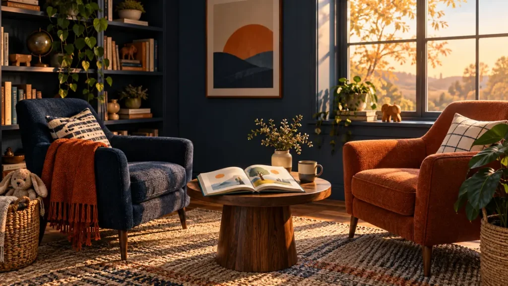 AI-generated editorial illustration: Empty family reading corner with two chairs, a plain picture book and warm afternoon window light