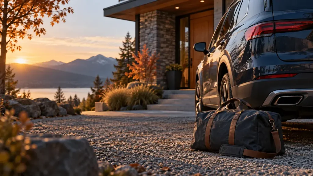 AI-generated editorial illustration: Generic parked vehicle outside a quiet home with a closed plain travel bag, no visible firearms or storage installation