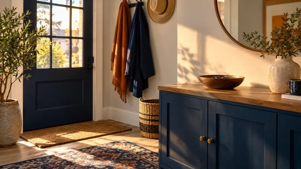 AI-generated editorial illustration: Sunlit apartment entryway with a plain key bowl and a closed interior cabinet, no person shown