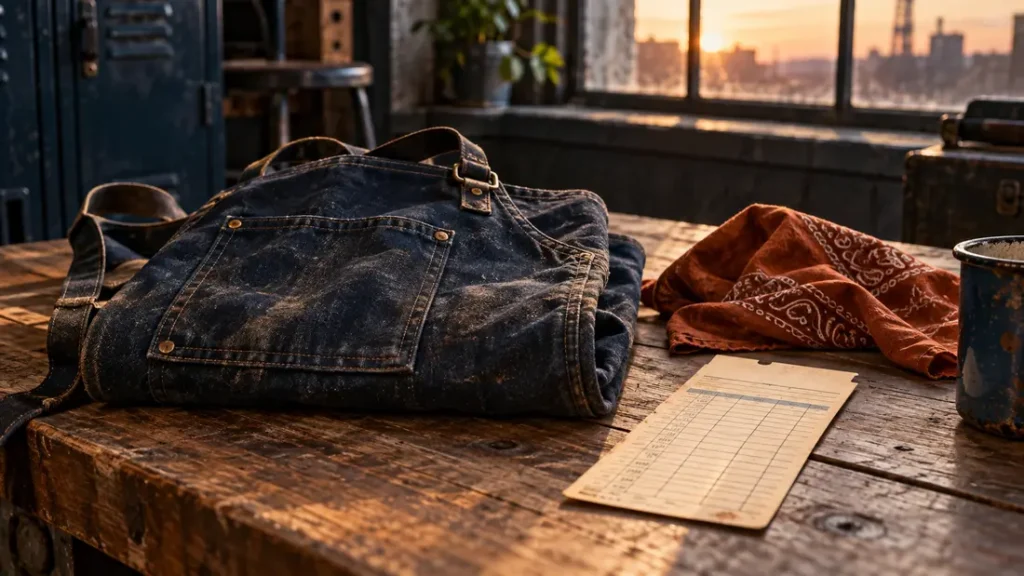 AI-generated editorial illustration: Folded vintage work apron, plain bandana and factory time card on a wooden bench, no named worker depicted