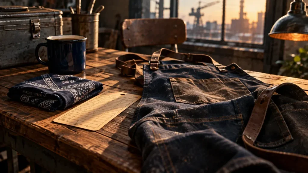 AI-generated editorial illustration: a vintage-style work apron, folded bandana and factory time card on a wooden table, without readable text.