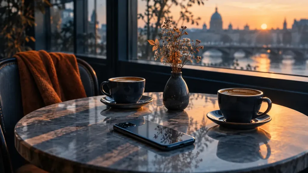 AI-generated editorial illustration: Empty cafe table with two cups and a turned-over smartphone, abstract reflection on public attention